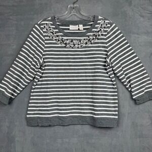 Chicos Collection Striped Rhinestone Crew Neck 3/4 Sleeve Top Women Size 1
